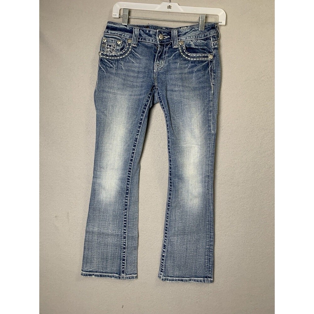 Miss Me Jeans Women 26 Blue Denim Boot Cut Flap Pockets Bling Jewels Boho